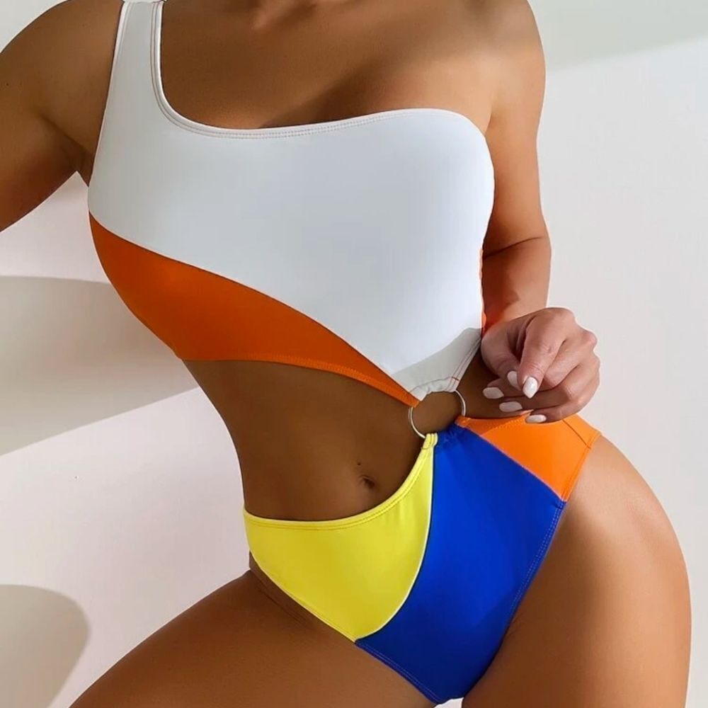 Color Block one shoulder Ring Linked stomach cutout one piece swimsuit sz Large
